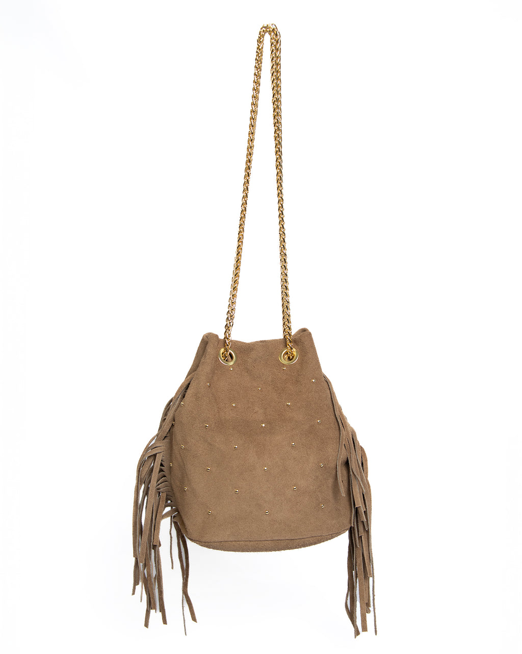 Bolso tipo saco de ante con flecos y cadena dorada
