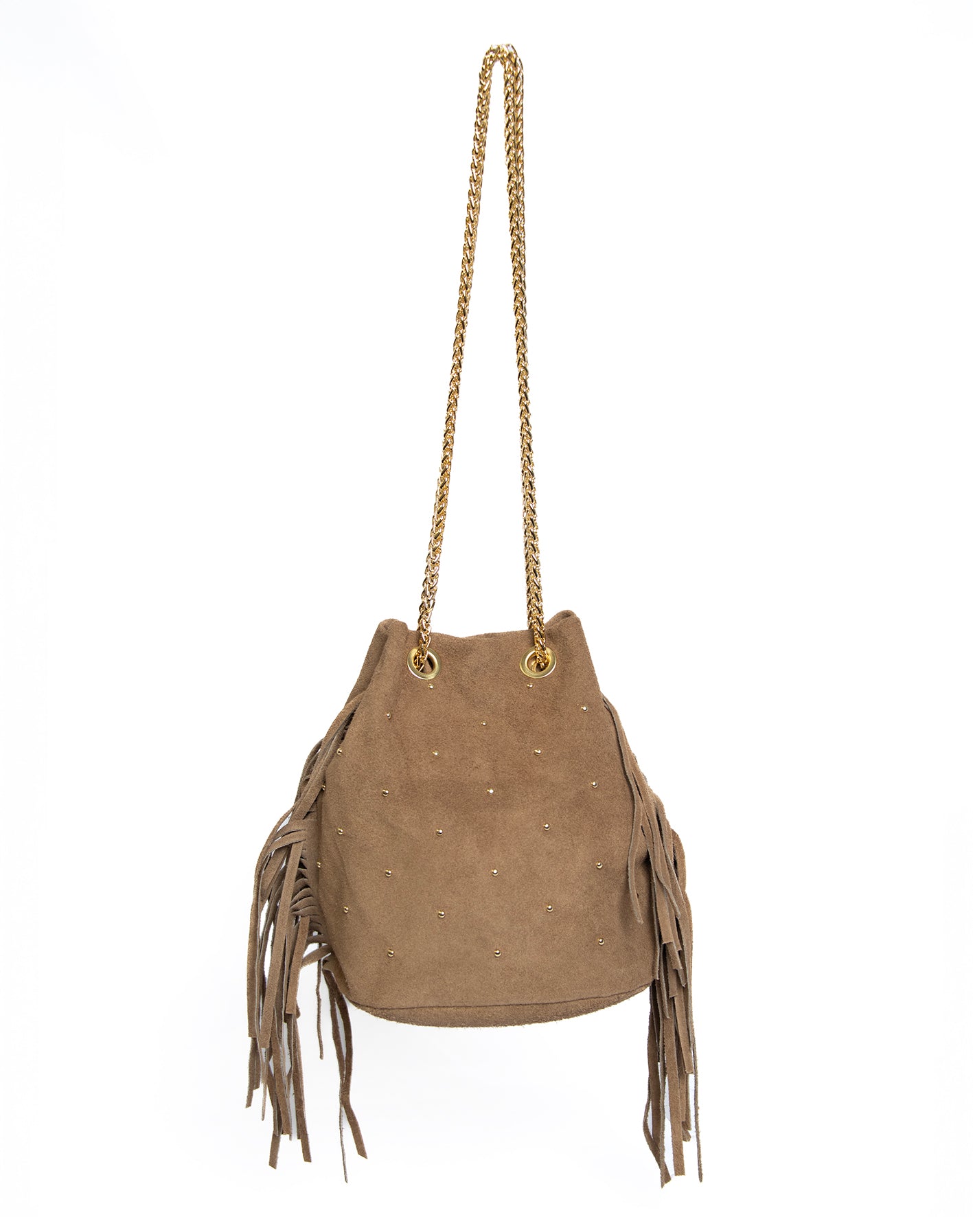 Bolso tipo saco de ante con flecos y cadena dorada